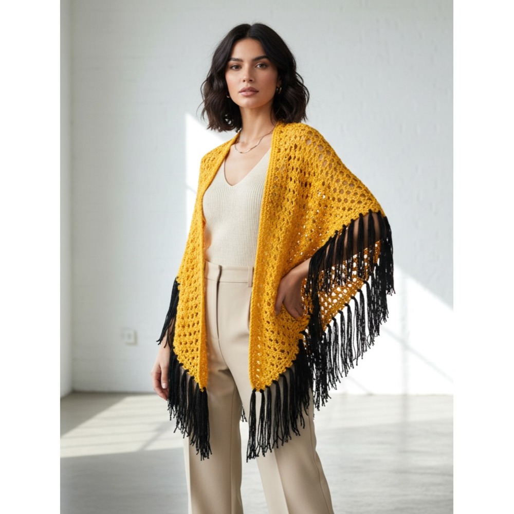 NEW Saffron Yellow Orange Hand Knit Shawl Wrap Scarf‎ Boho Hippie Festival Artsy